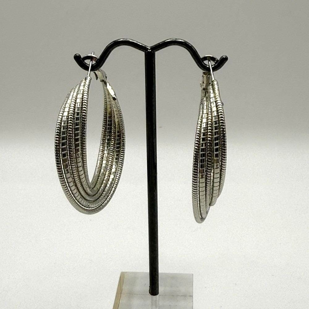Silver Tone Multi Row Hoop Earrings – Bold Statement‎ Jewelry